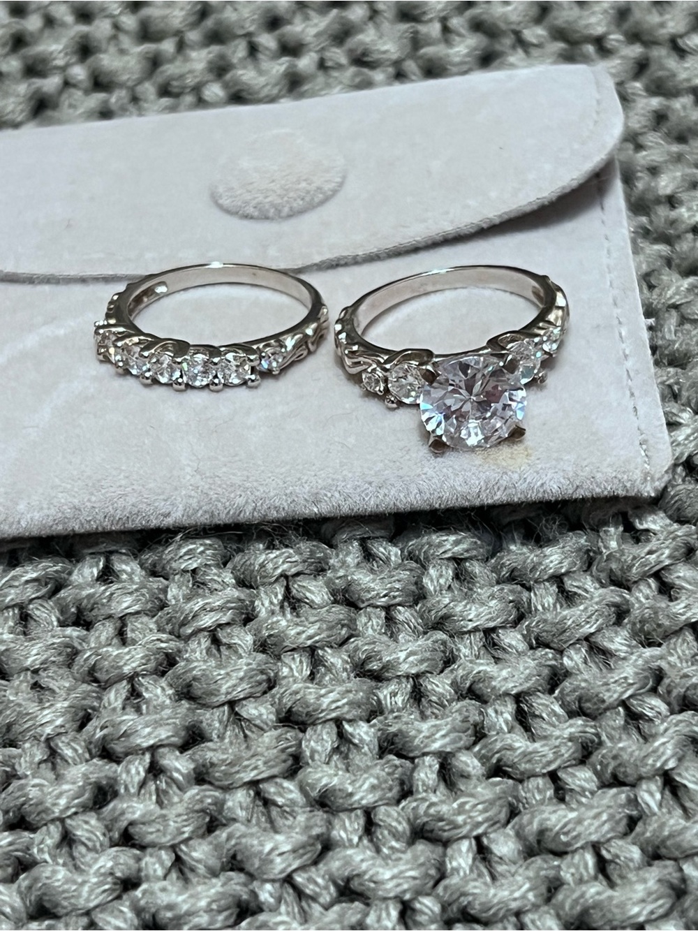 Sterling Silver & Round CZ Engagement Ring with Matching Pavé Band